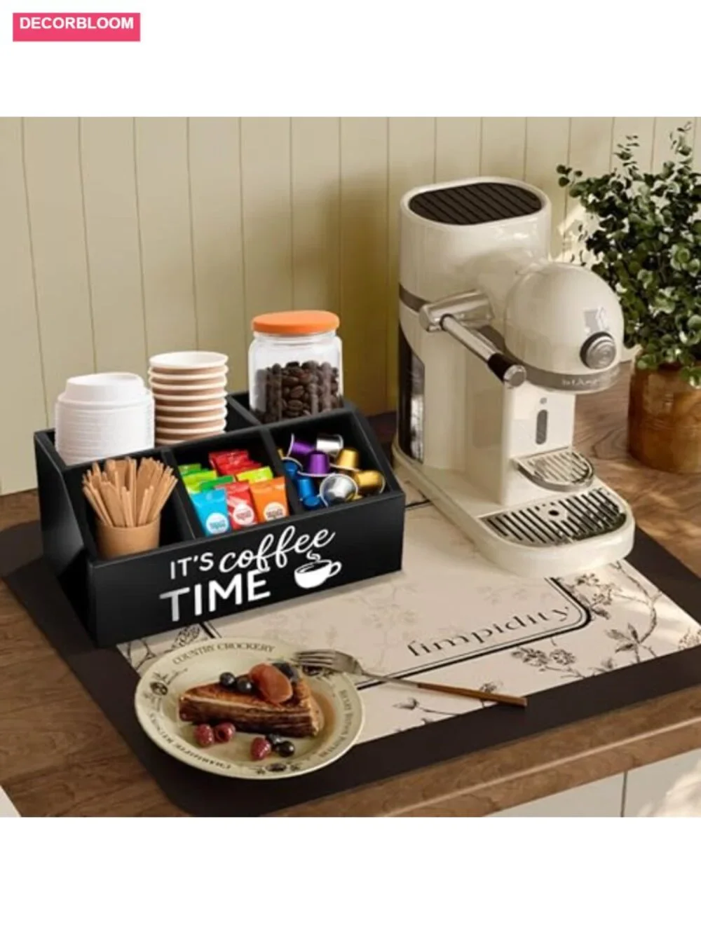 Wooden Coffee Station Organizer, Condiment Holder for Pods & Tea Bags, Rustic